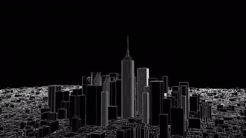 Futuristic Wireframe City Skyline 3D Visualization
