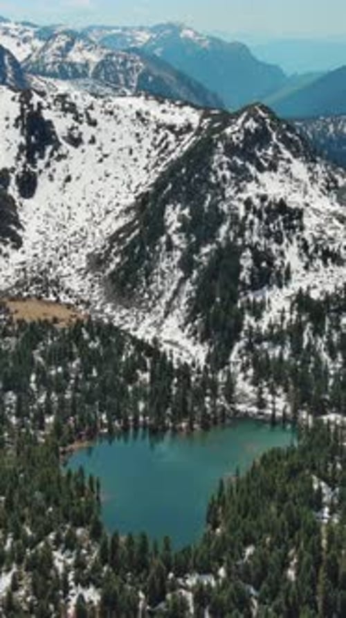 Mountain lake with snow mountains and green forest
