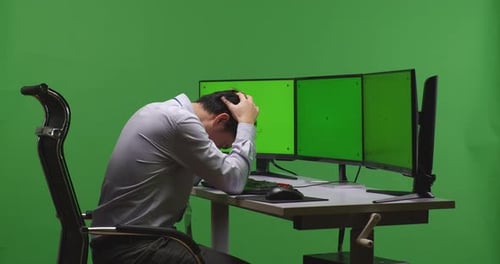 Man Having Headache While Working With Mock Up Multiple Computer Monitor In Green Screen Studio