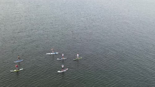 Stand Up Paddle Boarding On A Peaceful Ocean With Vacationists On Summer Holiday. Aerial Drone
