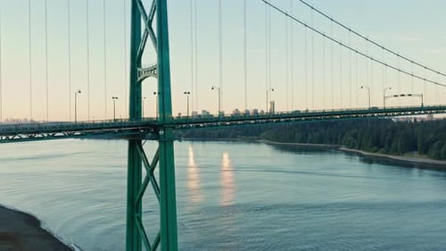 Close Up Details Shot of the Lions Gate Bridge in Vancouver, Canada - Drone Aerial