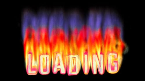 Loading - Burning text in pixelated retro-styled fire. Loop 3d animation on alpha.