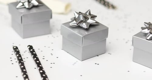 Rotation of Festival Birthday Party Background with Black and Silver Gift Box