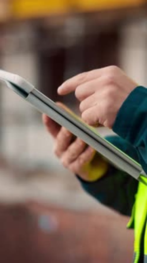 Worker, hands and scroll on construction site with tablet, review engineering design