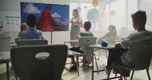Elementary School Students Learn About Volcanos in Classroom