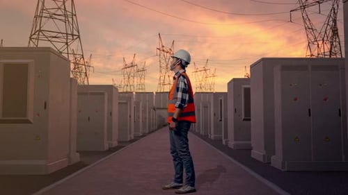 Full Body Side View Of Asian Male Engineer Looking Around with High Voltage Power