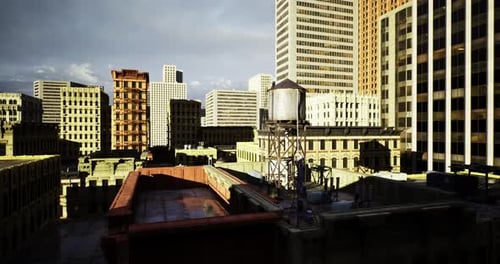 Horizonte urbano con edificios modernos y detalles en azoteas en una ciudad