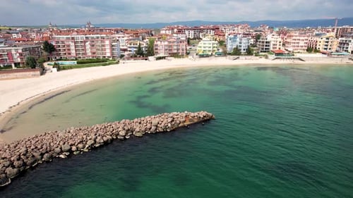 Aerial view of seaside town and beach, Bulgaria.