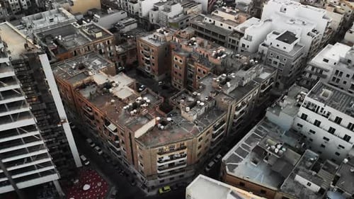 Drone shot of high skyscrapers buildings in a city