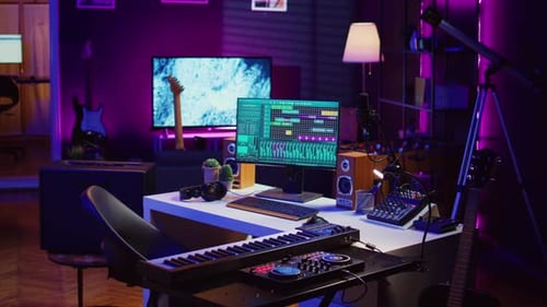 Empty Home Studio Equipped with Mixing Console and Soundboard