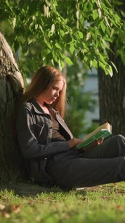 Woman Reading Book Outdoors Relaxing Under Tree in Sunlit Park