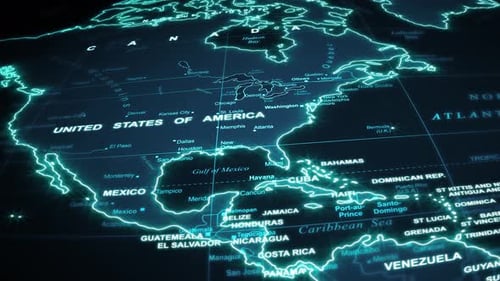 Futuristic Digital World Map Flyover with Glowing Outlines