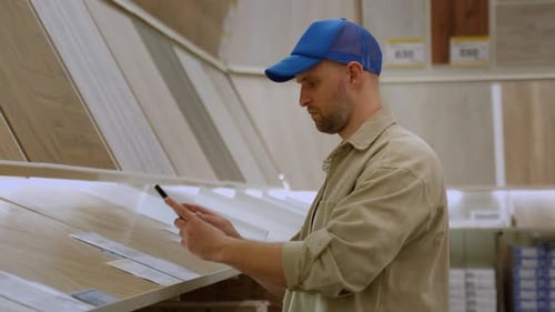 A Man in a Hardware Store Chooses a Laminate