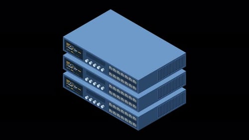 Isometric server animation. Server network equipment. Computer network technology. Storage database