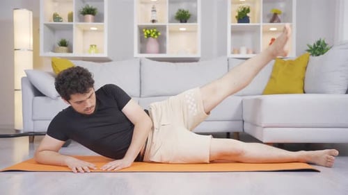 Man running leg and abdominal exercise.