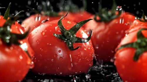 Water Droplets Fall on the Tomatoes Filmed on a Highspeed Camera at 1000 Fps