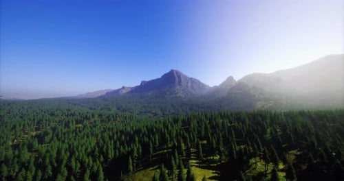 Majestic Mountains Rise Above Lush Green Forests Under a Clear Blue Sky
