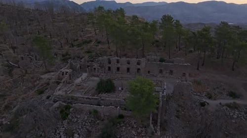Aerial view of ancient city ruins at sunrise, Turkey.