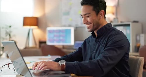 Businessman in office, typing on laptop and smile, planning online research in creative project