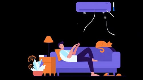 Man Sweating At Home In The Heat Turns On The Air Conditioner And Cools Down Alpha Channel