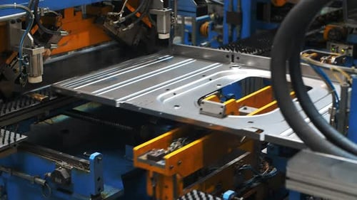 Metal sheet advances on automated conveyor belt at modern industrial factory