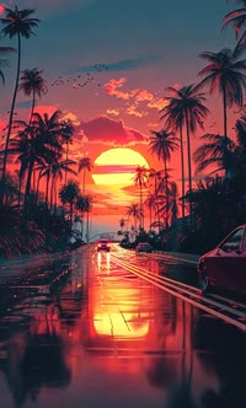 Autoroute au coucher du soleil, route tropicale animée et pluvieuse