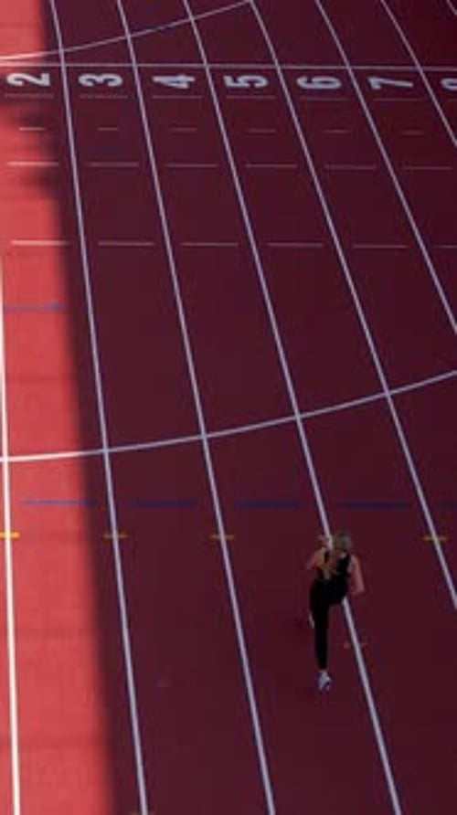 Woman Runs on a Red Track from Above