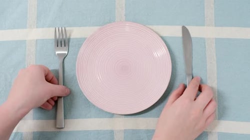 Pink Plate with Fork and Knife on Tablecloth