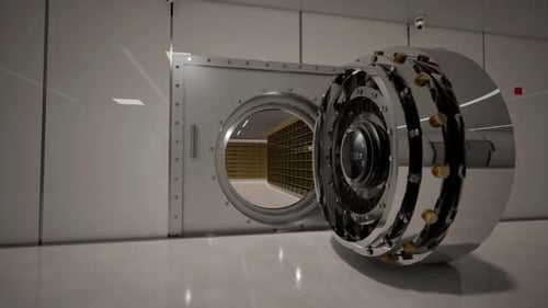 Bank Vault Door Open with Rows of Gold Bars Inside