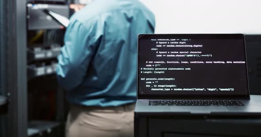 Laptop screen, coding and information technology in office for ...