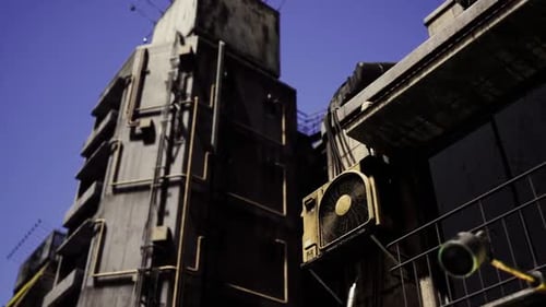 Urban Building with Air Conditioning Unit Under Clear Blue Sky
