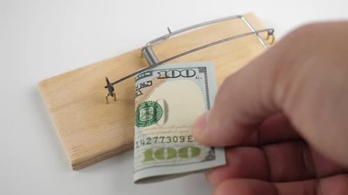 07. A 100-dollar bill is placed in the mousetrap. Concept of financial trap.