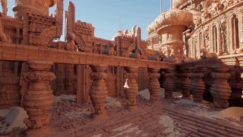 A Clay Temple Wall Adorned with Intricate Ornaments Against a Beautiful Sky
