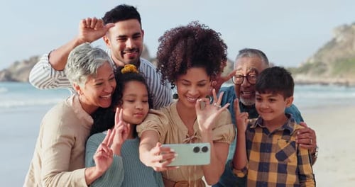 Big family selfie, peace or happy kids in beach, sea or ocean on holiday vacation together