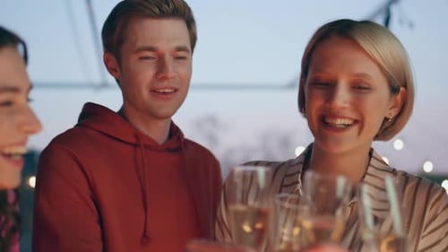 Cheerful Team Celebrating Success Evening Bar Closeup People Toasting Glasses