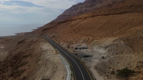 Aerial view of road at Dead sea Aerial shot. Natural care. Beautiful background.