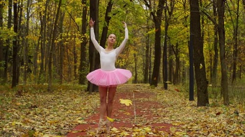 Ballerina Dancing Among Autumn Leaves in Forest