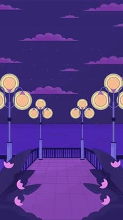 Seaside pier lit by night lamps lofi vertical animation