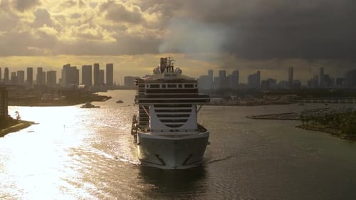 Large Cruise Liner Polluting Atmosphere with Smoke Emission While Departing From Miami Port Global