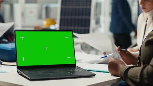 Businesspeople in Office Do Financial Investments Looking at Chroma Key Laptop