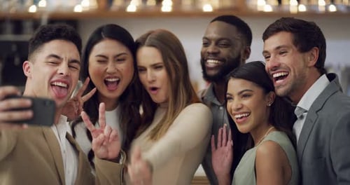 Smiling Colleagues Taking Group Selfie Together