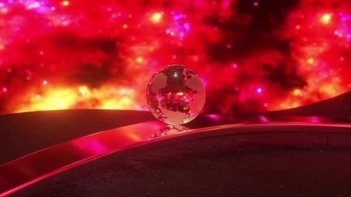 The Glass Ball of Planet Earth Smoothly Rolls Along the Wavy Chrome Surface on a Fantastic Space