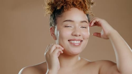 Black woman face, beauty dermatology and cosmetic wellness of a model in a studio with happiness