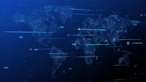 Futuristic Digital World Map with Global Network Data Flow