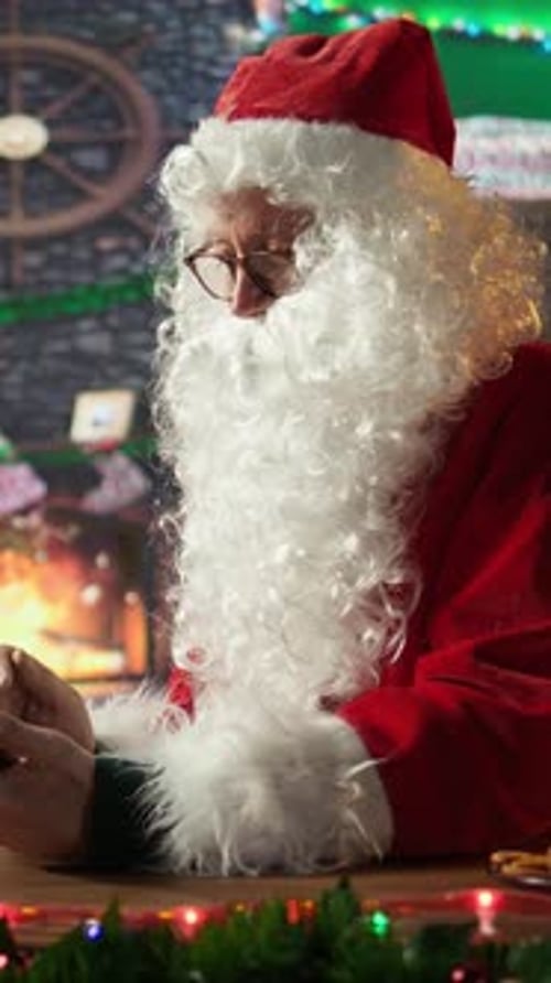 Vertical Video Santa Claus Uses a Tablet to Navigate Online Webpages in Decorated Cabin