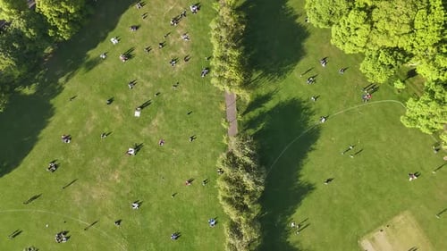 Top-down aerial footage of a public park area in an urban setting