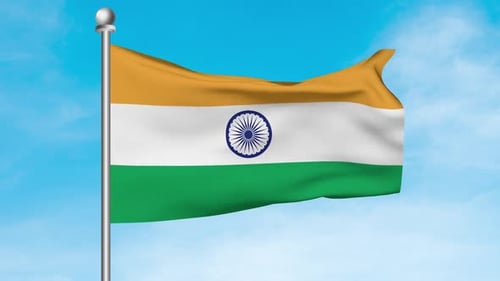 India Flag Waving In Blue Sky Front View