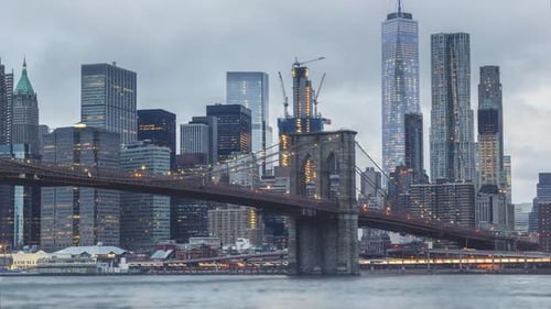 Time-Lapse of Brooklyn Bridge and Lower Manhattan Skyline at Dusk