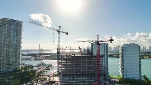 New Construction Site of Developing Residense in American Urban Area Industrial Tower Lifting Cranes