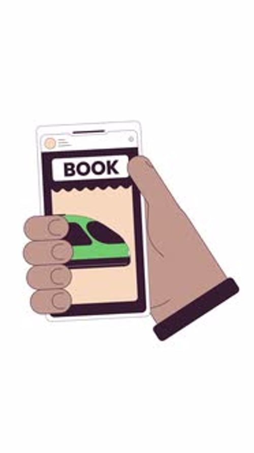 Train booking application on mobile device 2D vertical animation